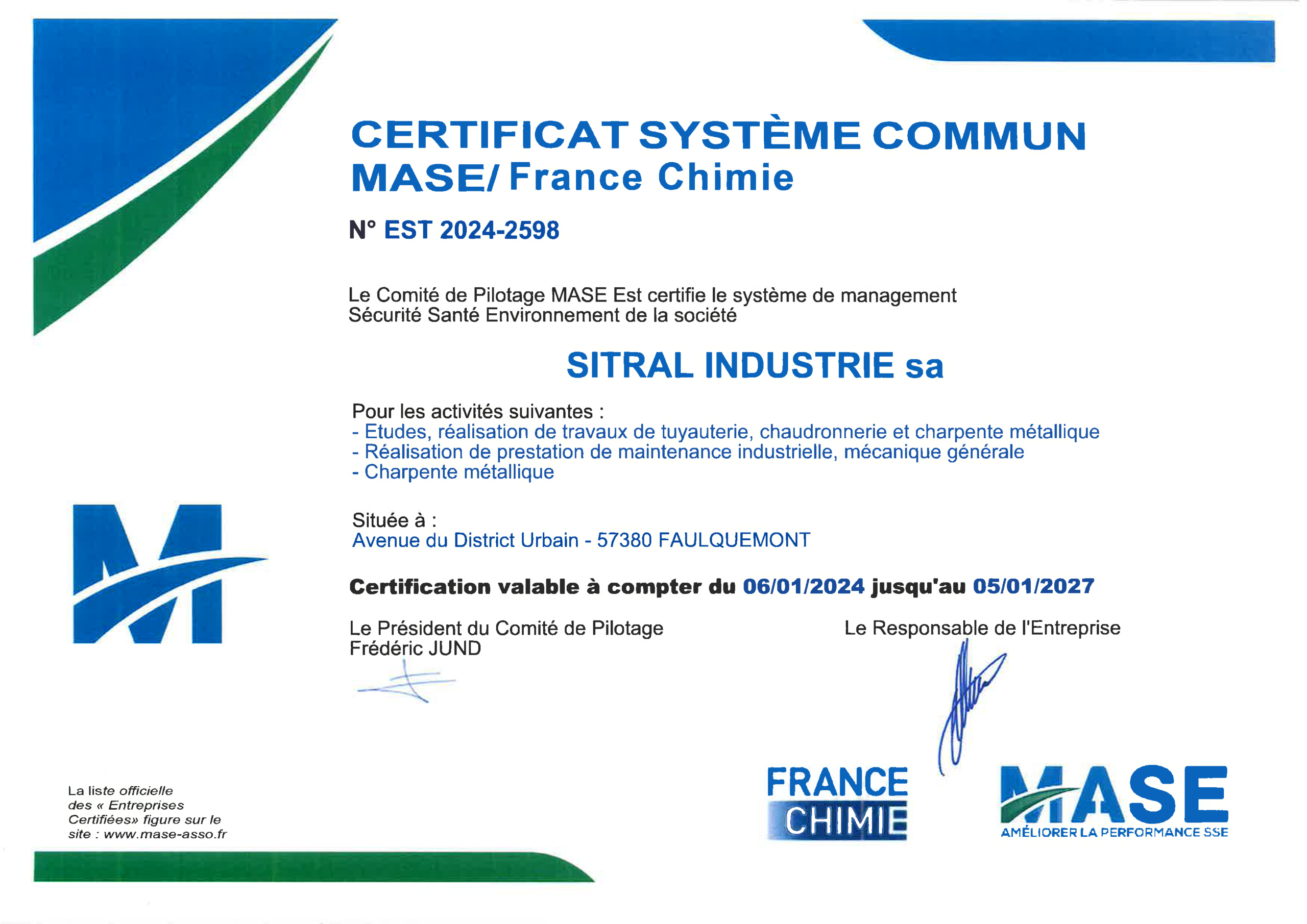 Certificat MASE Sitral Industrie SA